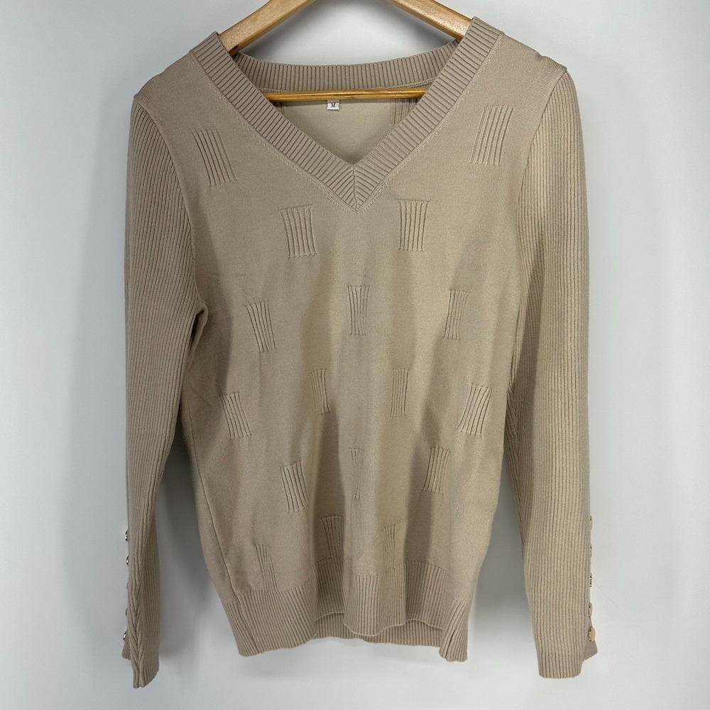 V-Neck‎ Sweater Women M Beige Textured Geometric Knit Gold Button Cuff Preppy